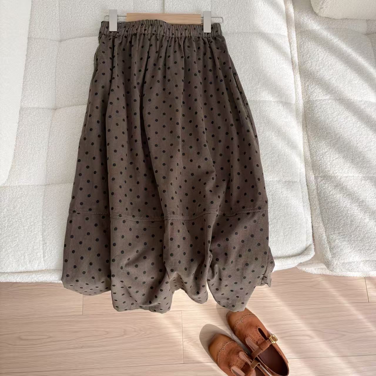 小柒家X0020-松紧带波点A字印花半身裙百搭复古咖色