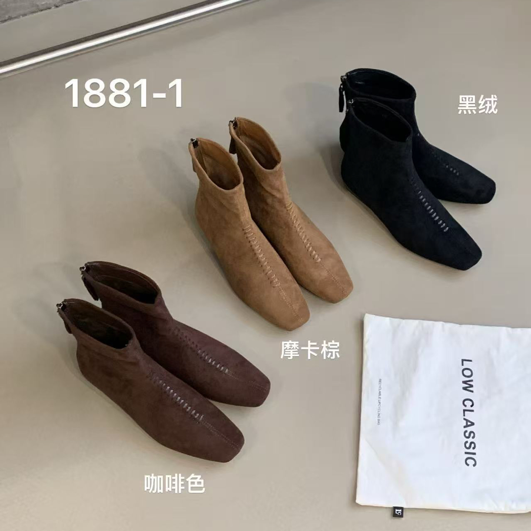 1881-1时尚方头粗跟绒面短靴后拉链气质法式女靴韩版缝线瘦瘦靴