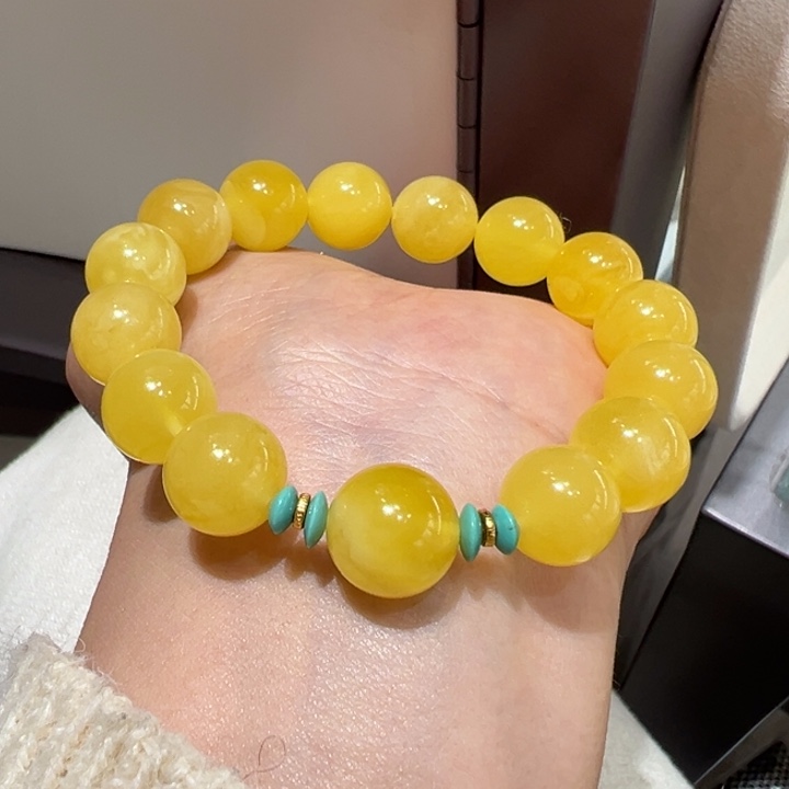 蜜蜡未镶嵌手链天然蜜蜡俄料满蜡鸡油黄圆珠手串