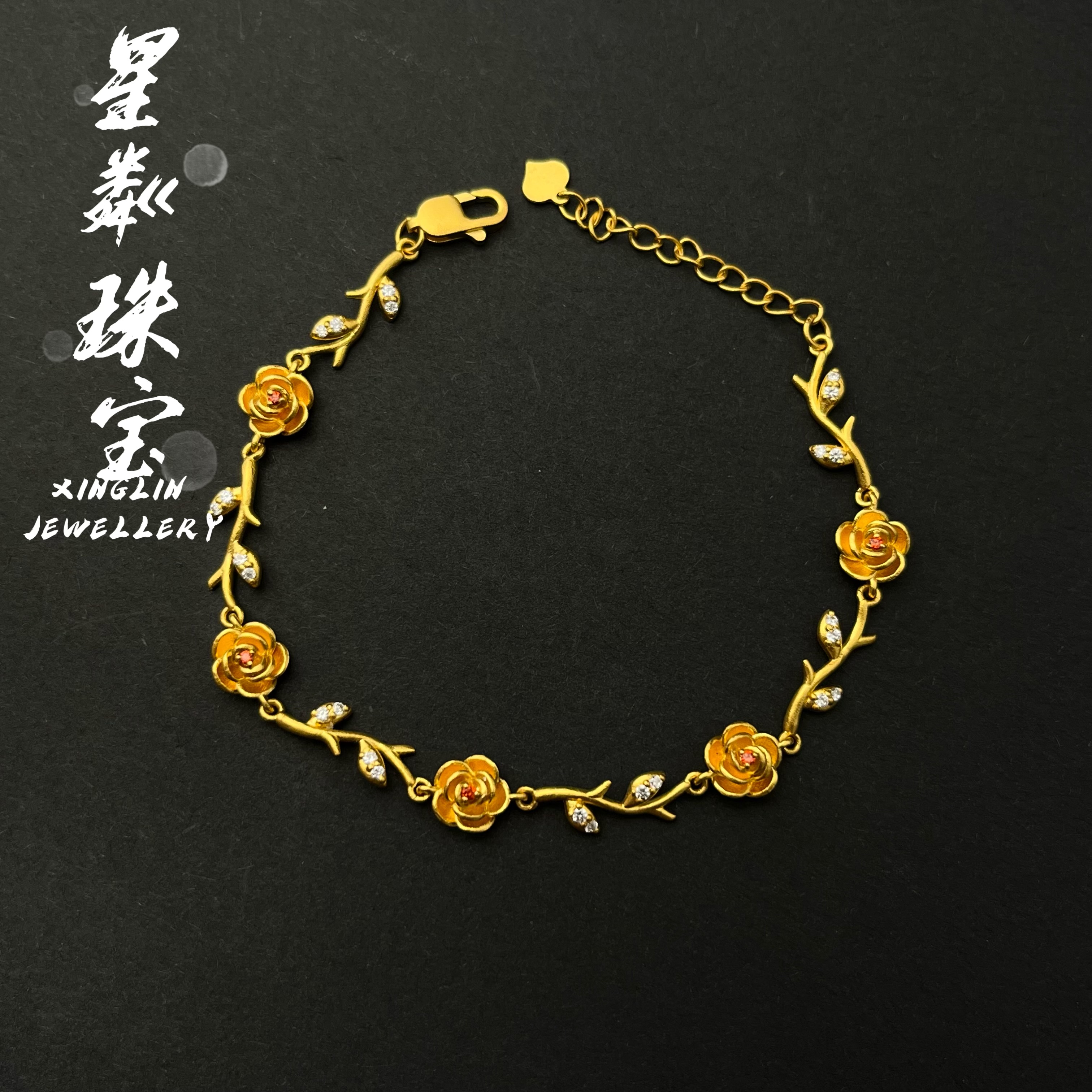 【满圈玫瑰手链】足金999黄金5G时尚玫瑰花复古潮流手链