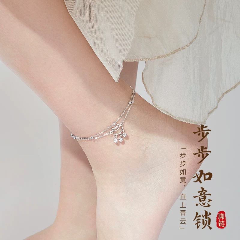 福锁脚链叠戴足银铃铛铃铛脚链银脚链女女式脚链女款最新款