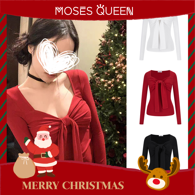Moses Queen/魔西女王圣诞穿搭红色蝴蝶结长袖T恤秋冬保暖打底衫