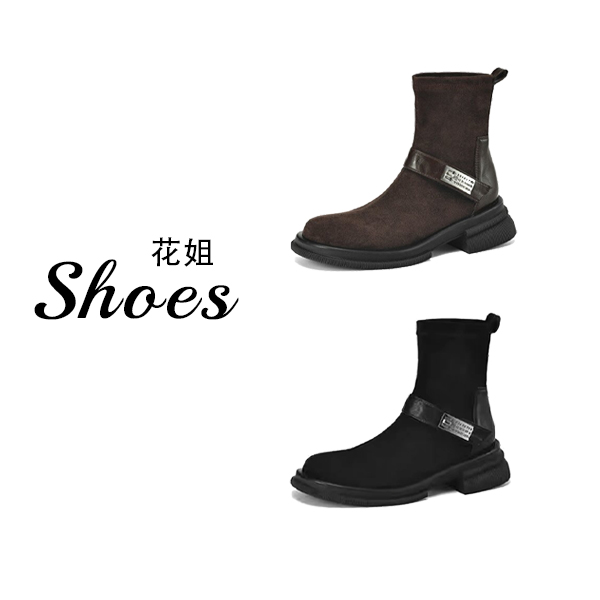 复古时尚搭扣绒面短靴女2025秋冬新款舒适百搭气质马丁靴