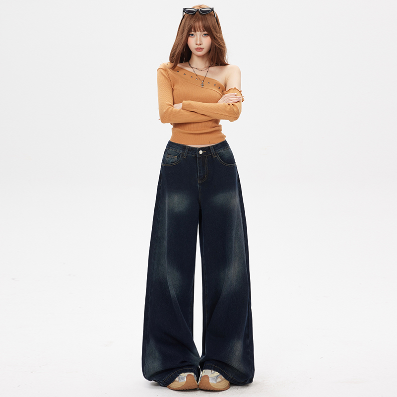 港风蓝灰2025秋冬装新款女美式显瘦复古辣妹潮流牛仔宽松阔腿裤