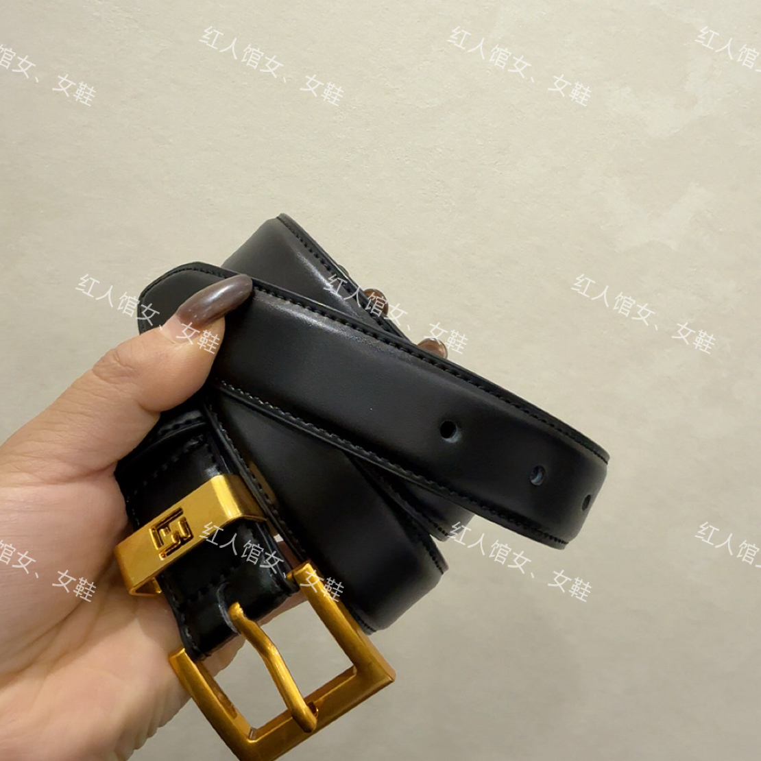 816品质百搭时髦高级感双F标金扣黑色皮腰带