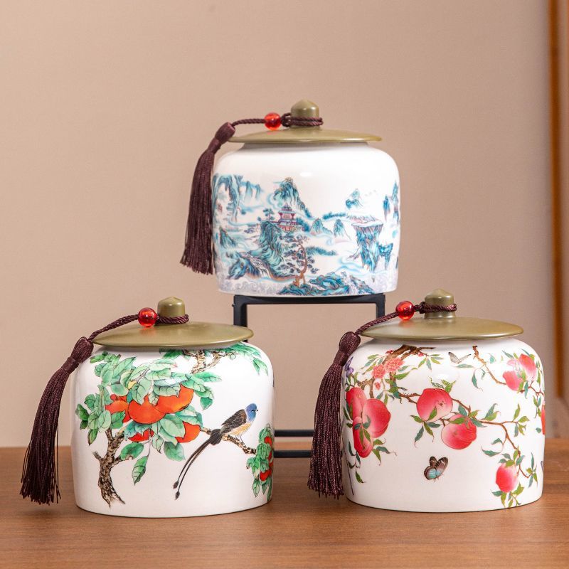 中式陶瓷茶叶罐防潮密封罐大容量储茶罐家用储物罐中国风茶仓空罐