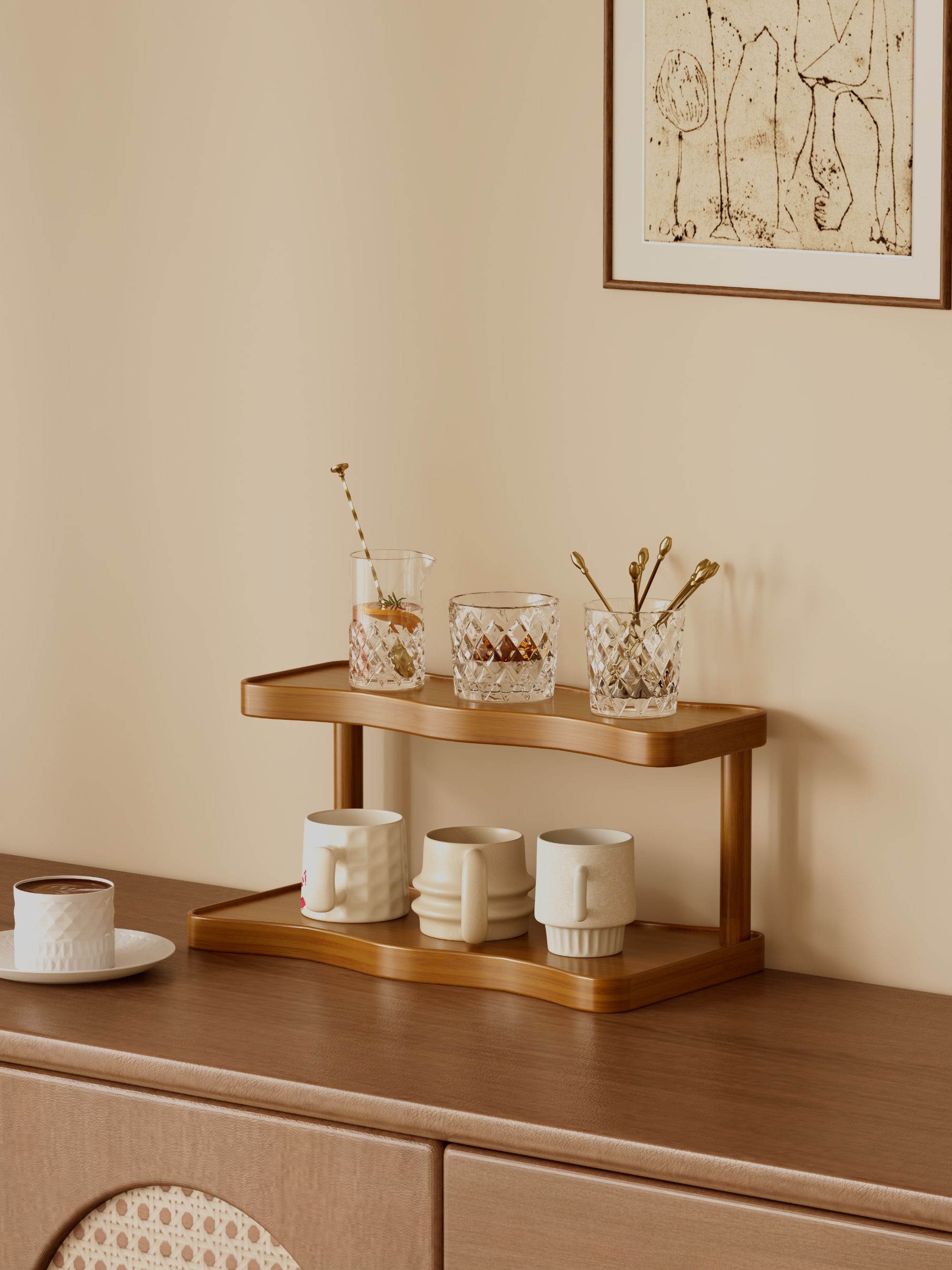 双层桌面收纳波浪形杯子收纳阶梯收纳茶杯收纳1202