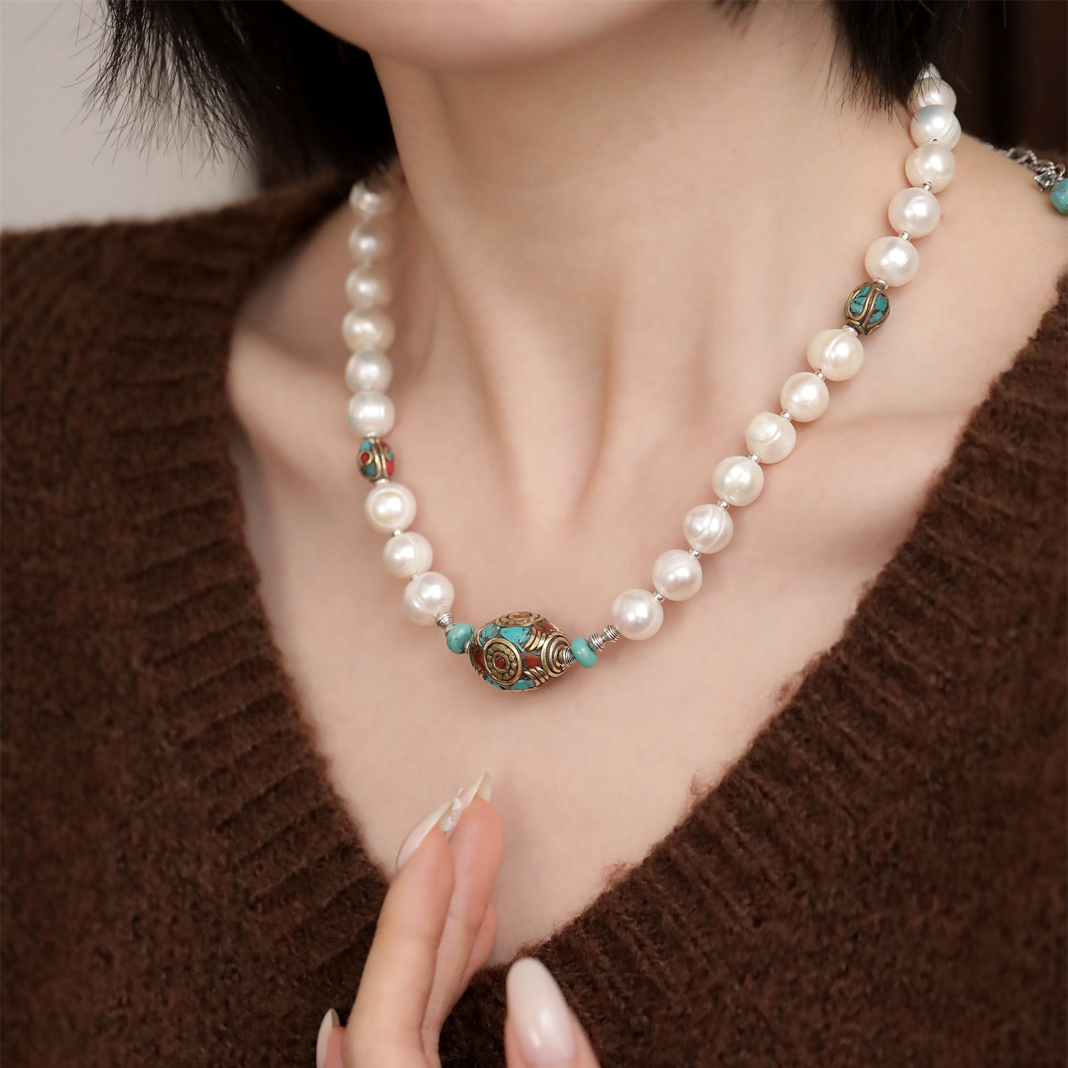 吊坠925银 N18719橄榄型尼泊尔兽头珠项链复古百搭民族风手工时尚