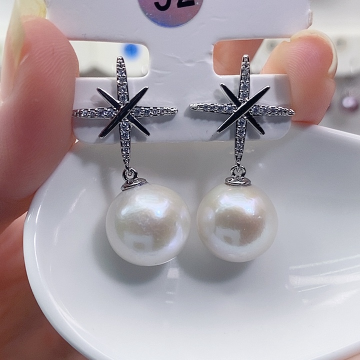 银S925镶嵌耳饰淡水珍珠13+A