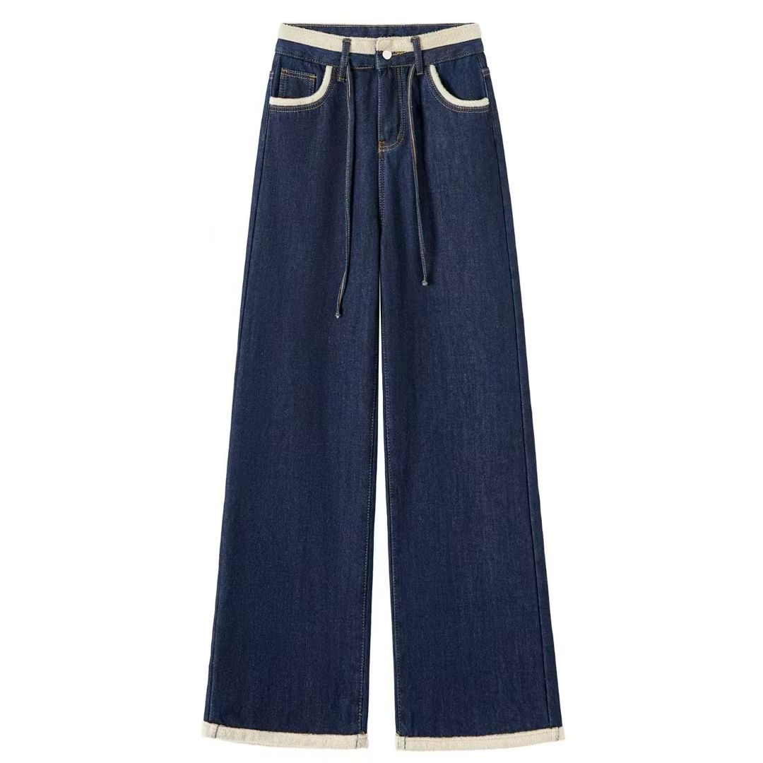 2025新款加绒加厚撞色拼接无弹阔腿裤