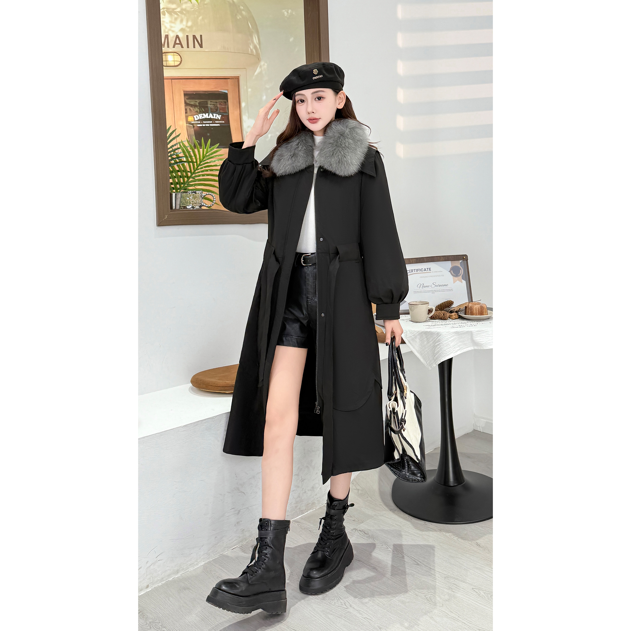 长款女士时尚女款防风狐狸毛领羽绒服Y863
