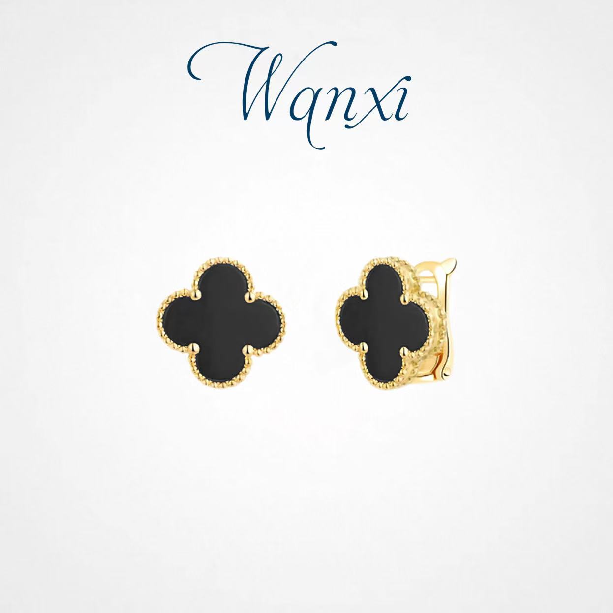 WANXI 镀K金 黑色四叶花耳环轻奢高级感百搭耳扣