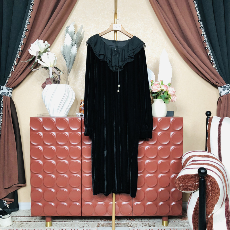 【C075】真丝丝绒时尚新款民族风迪拜服饰长款轻奢连衣裙设计师