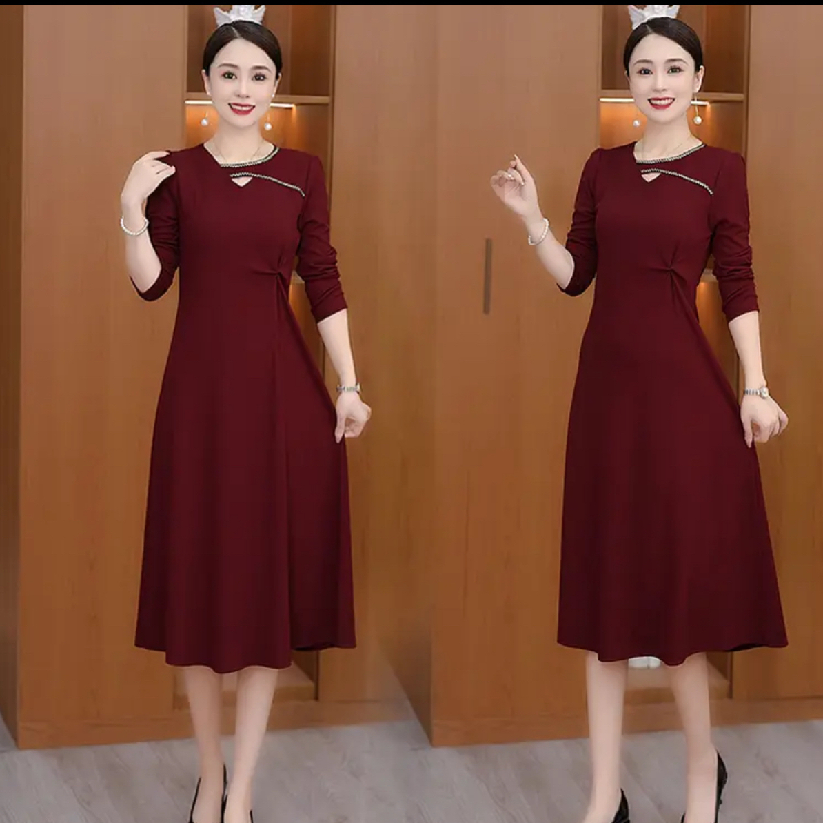 9101#-5裙长106秋冬新款长袖V领气质修身显瘦时尚减龄大摆连衣裙
