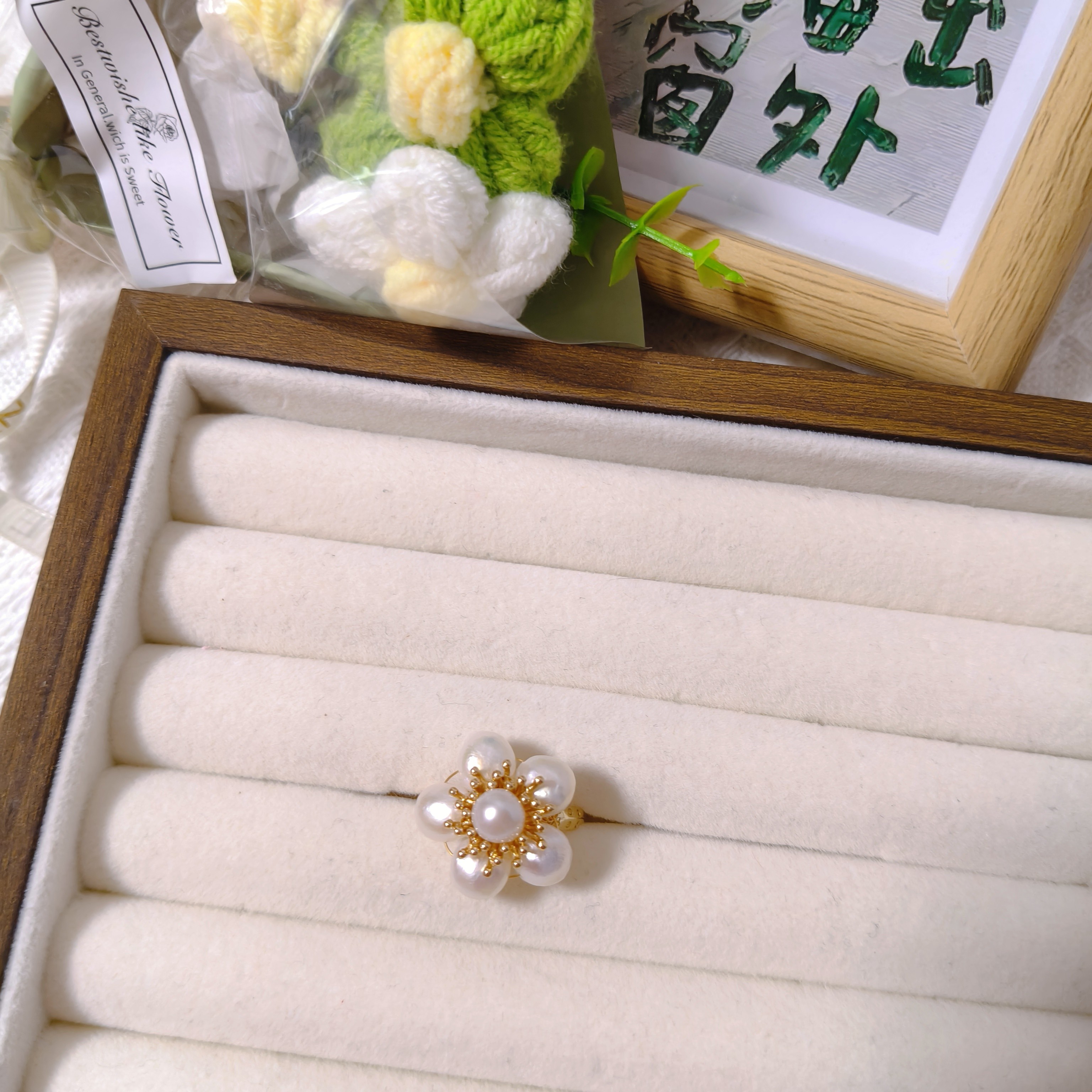 282--天然淡水珍珠戒指，白色花朵款，多样性发货