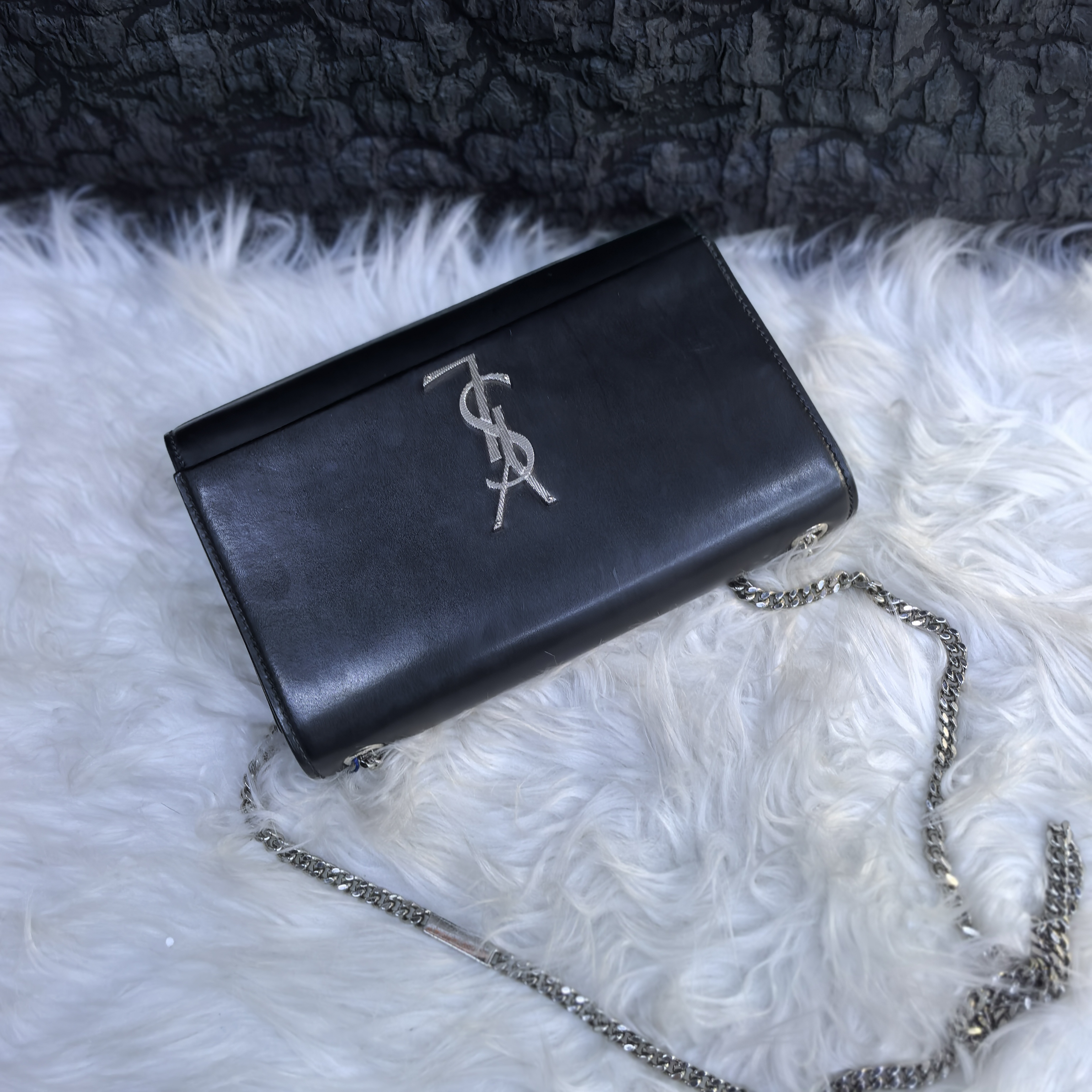 95新 YSL/圣罗兰 圣罗兰黑银信封work链条斜挎包