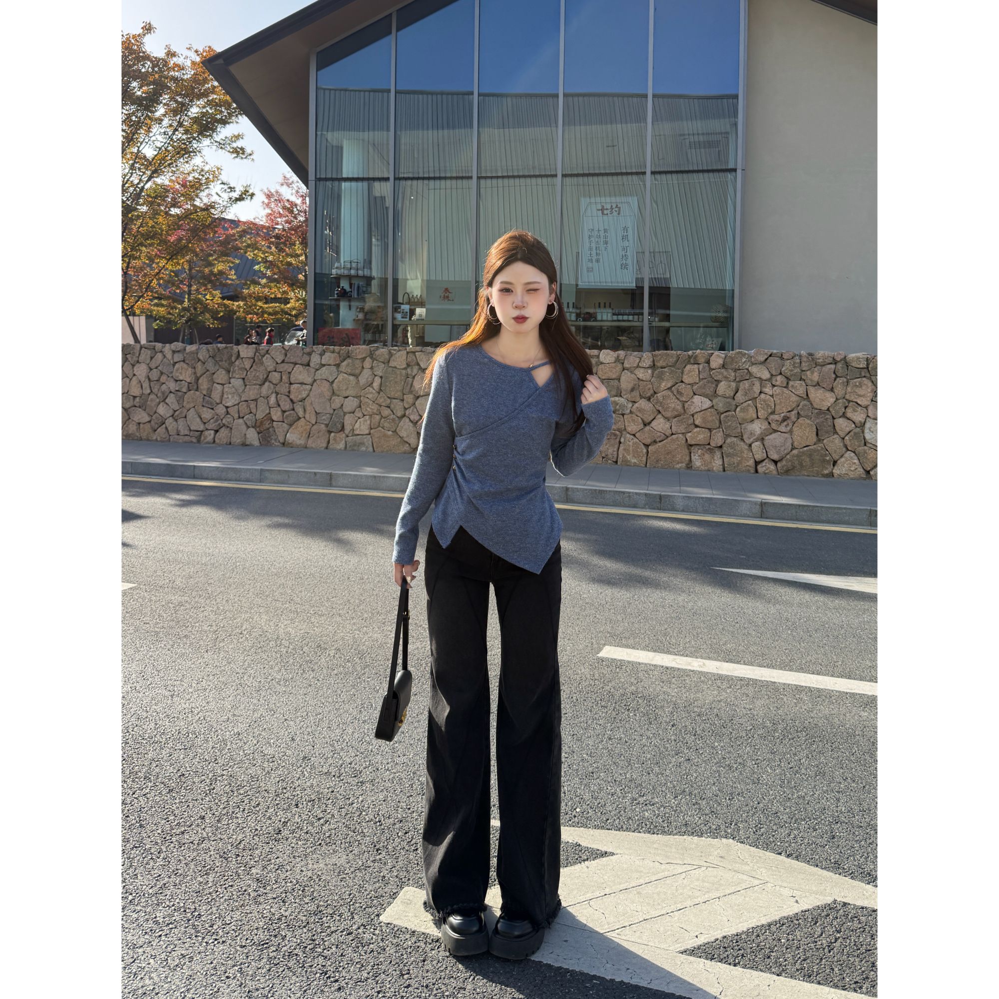 敏敏&南岛风大码女设计感显瘦高弹针织上衣胖mm牛仔裤套装ZZM226