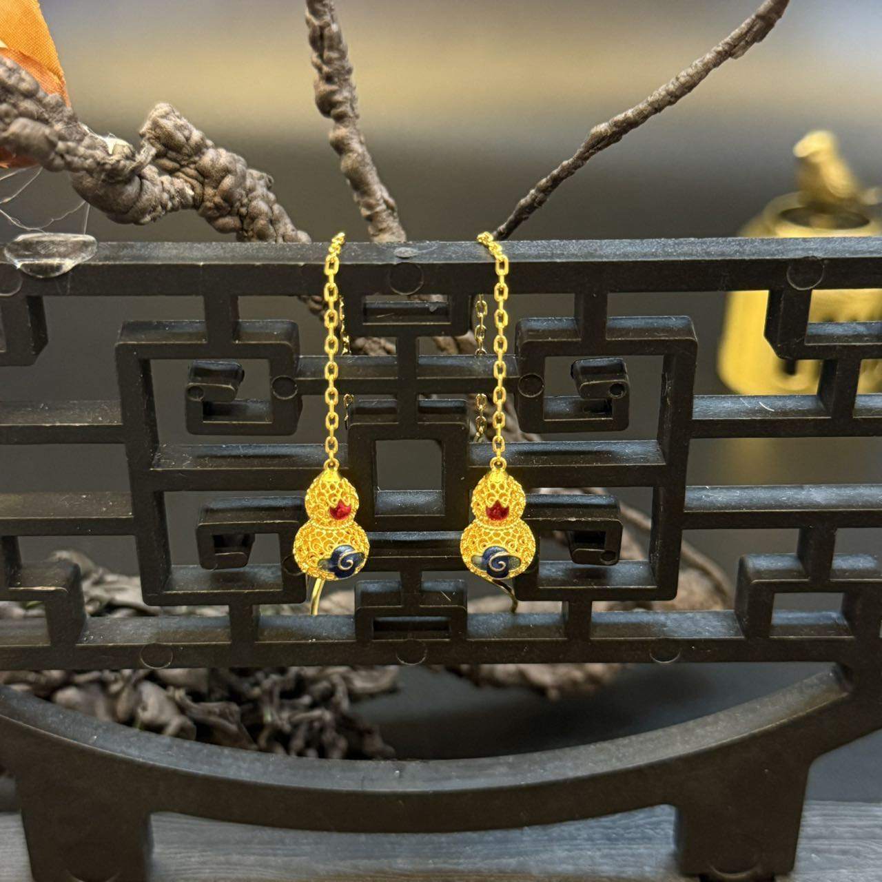 【恒潮珠宝】5.18g 古法足金鎏彩耳饰最美喜事国风 H0961289