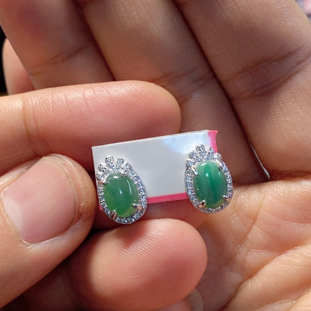 翡翠耳钉银S925镶嵌缅甸翡翠A货耳钉