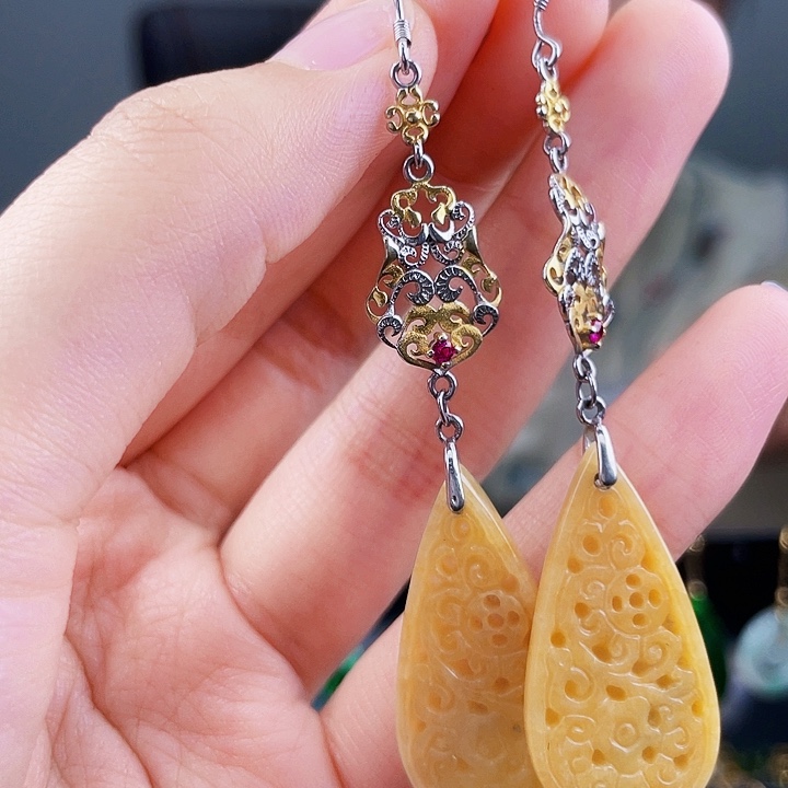 翡翠耳饰银S925镶嵌饰品