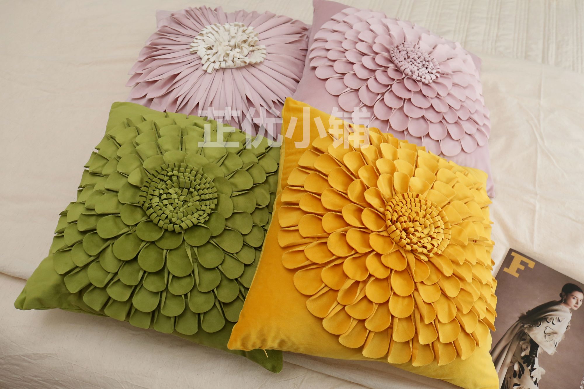 韩式植绒高端盘花沙发靠背抱枕床上抱枕含芯手工卧室