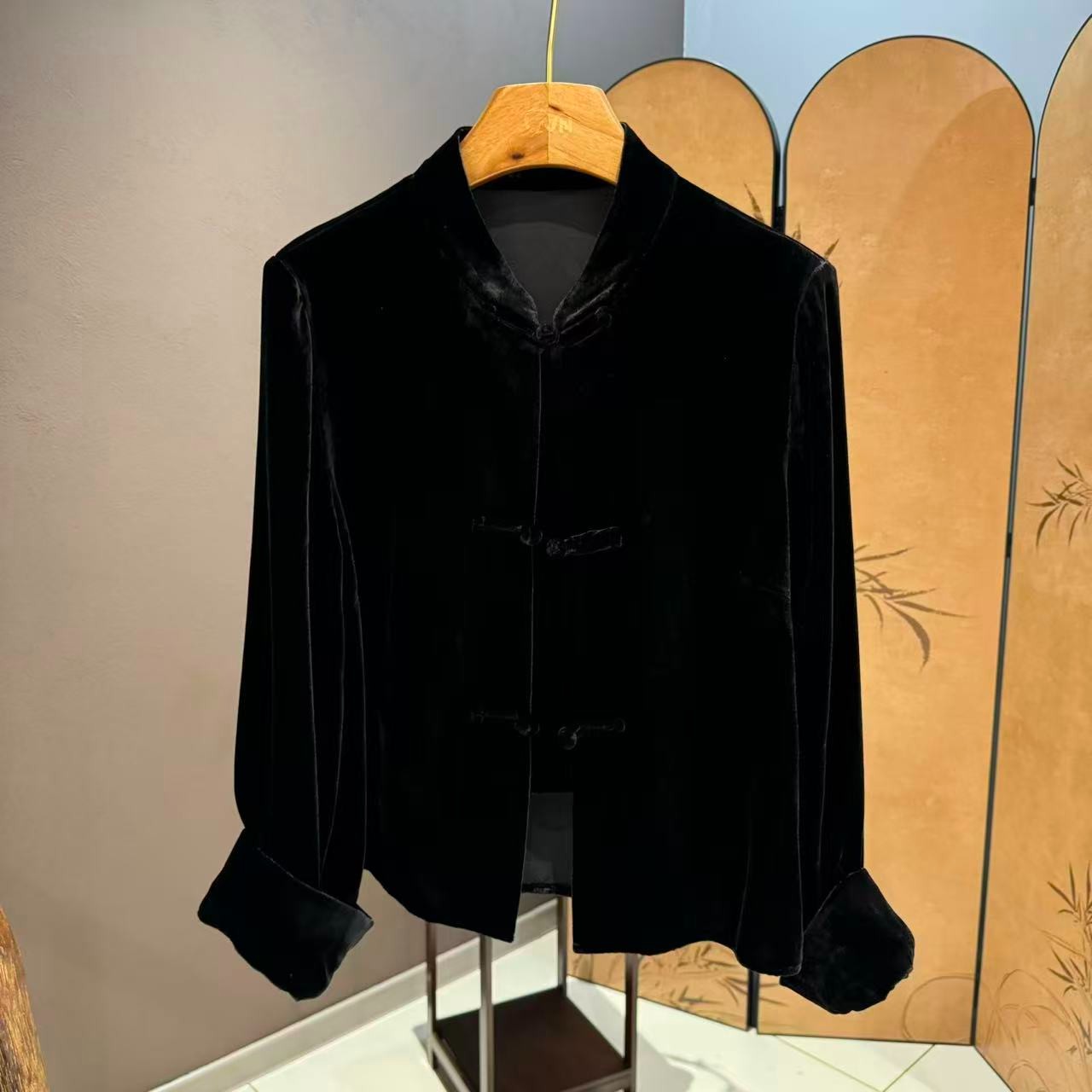 【加内衬】QNH-真丝丝绒新中式短款纯色长袖唐装外衣