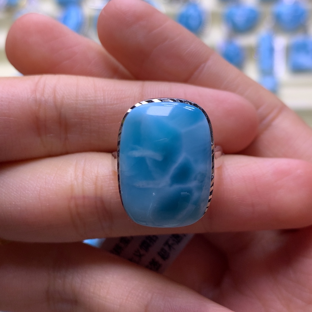 针钠钙石（海纹石）银S925镶嵌戒指方戒指色差略异