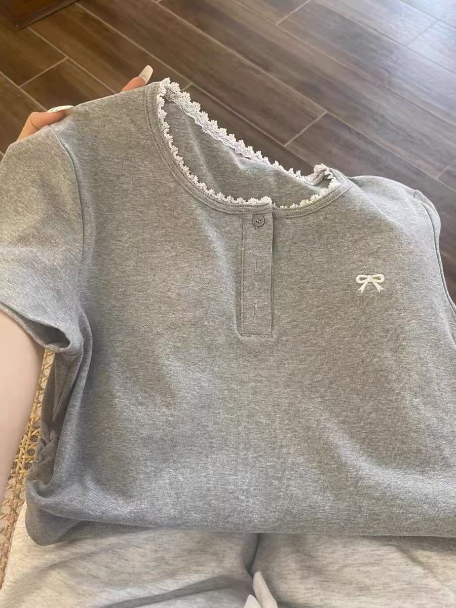 HMF 带胸垫夏季女士纯棉睡衣短袖短裤套装(花灰蝴蝶结)