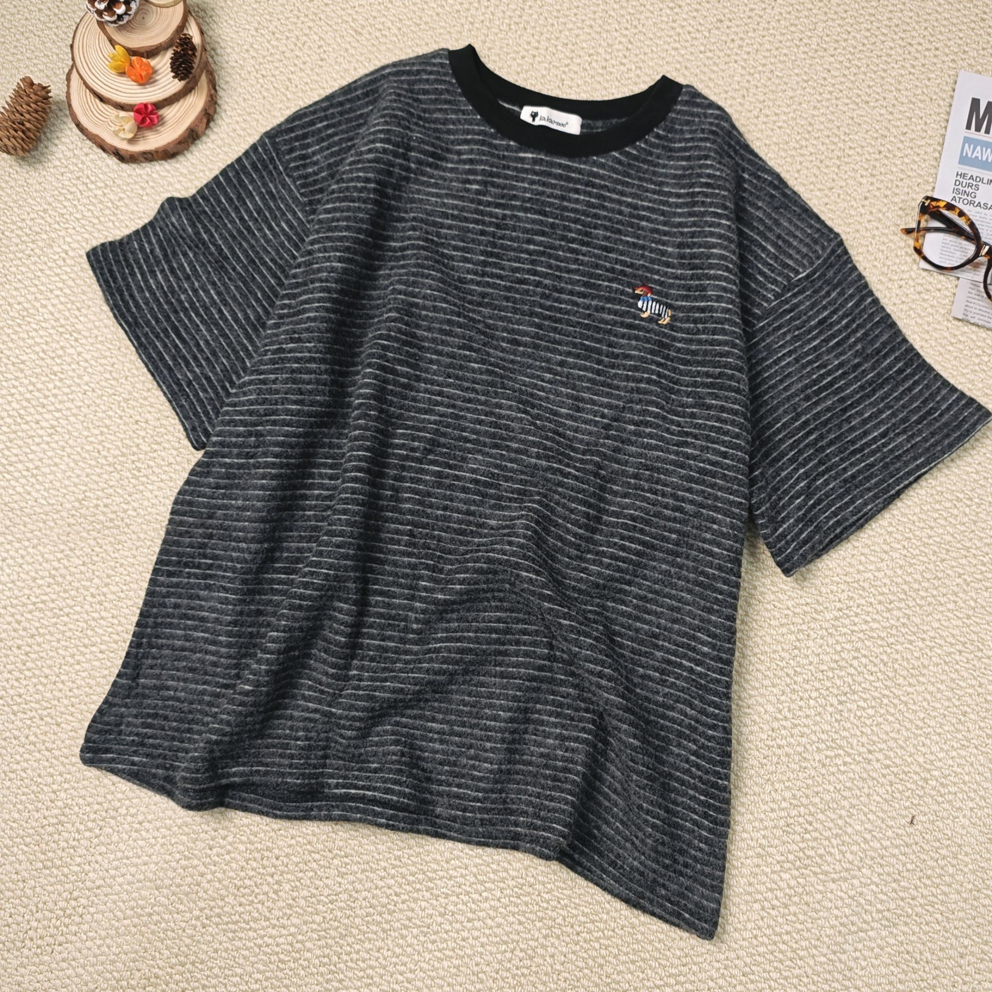 2024秋季新款宽松百搭时尚卡通刺绣条纹短袖T恤7832