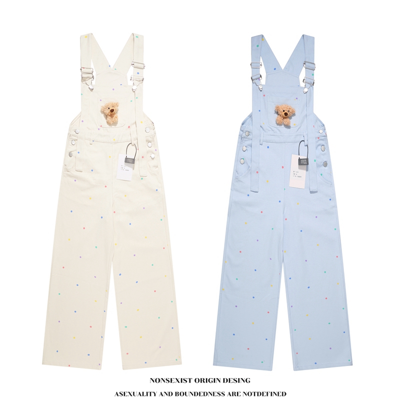  NONSEXIST 原创国潮挂件小熊波点印花背带裤宽松休闲百搭裤子潮