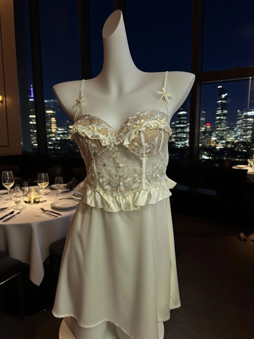 VenusLuxe【奶油繁花】蕾丝刺绣镂空露背吊带睡裙带胸垫宫廷纯欲风