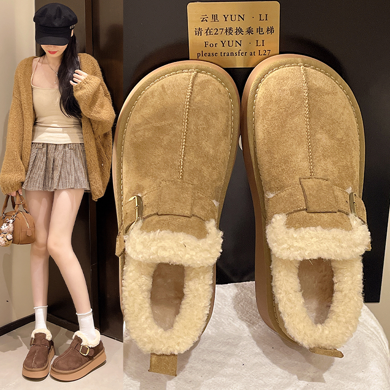 加绒冬季皮带扣秋冬短靴休闲风单鞋保暖棉鞋短筒雪地靴厚底加厚