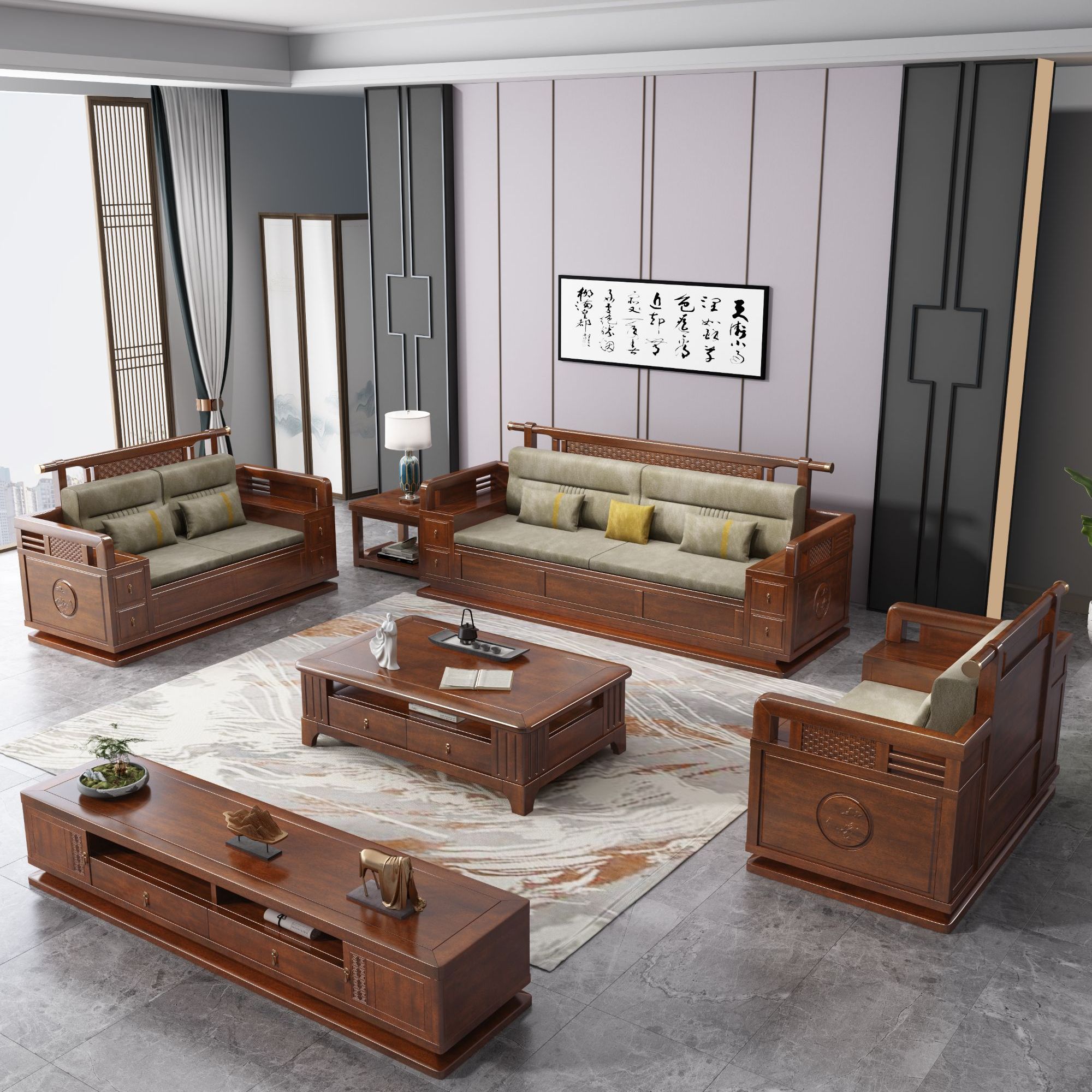 新中式黑檀木沙发简约现代禅意客厅家用123组合大户型储物沙发