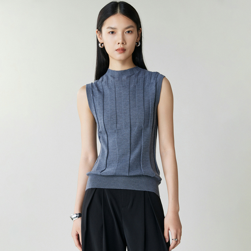 100%山羊绒18针68支精纺抽条无袖自带领半高