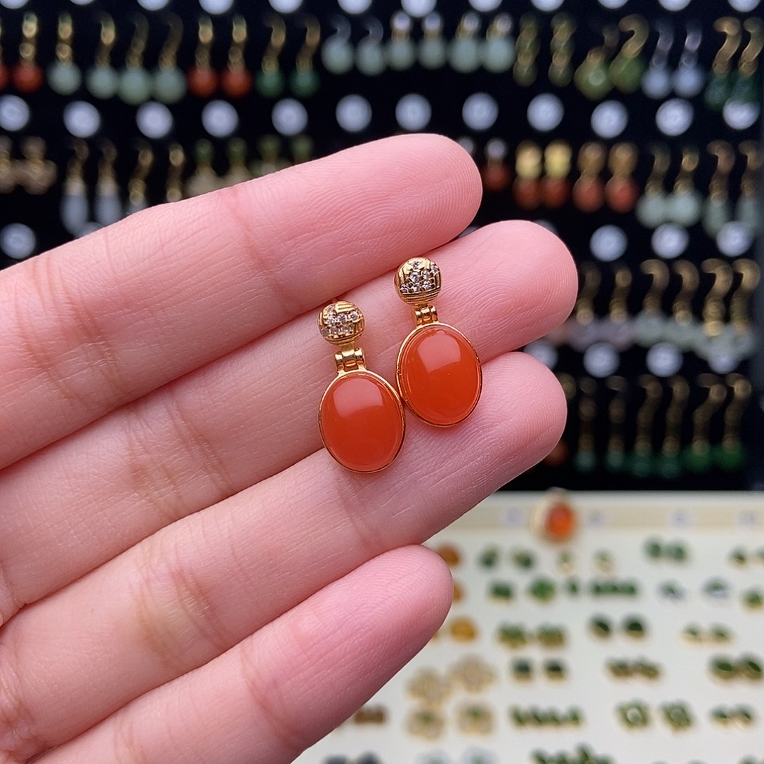 和田玉银S925镀金镶嵌耳饰