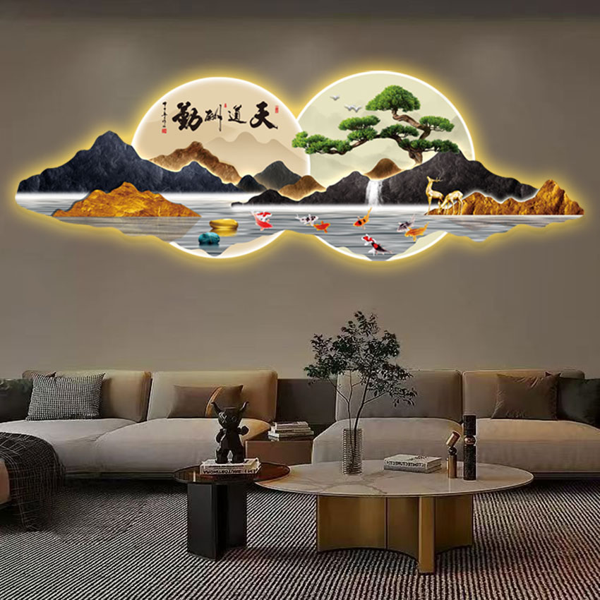 天道酬勤装饰挂画新款迎客松山水画客厅沙发背景墙茶室办公室挂件