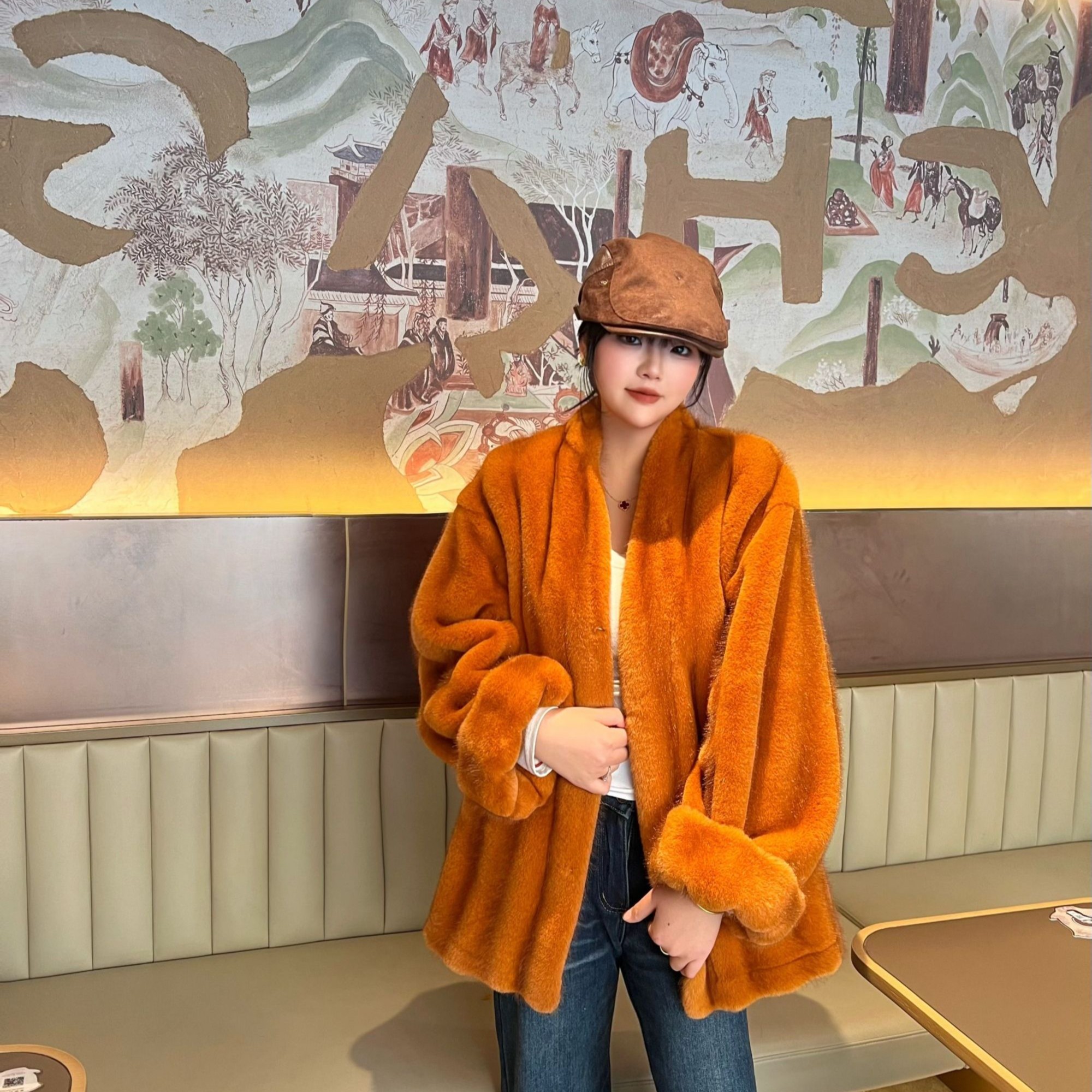 中长v领韩版宽松轻奢百搭毛毛外套冬季保暖