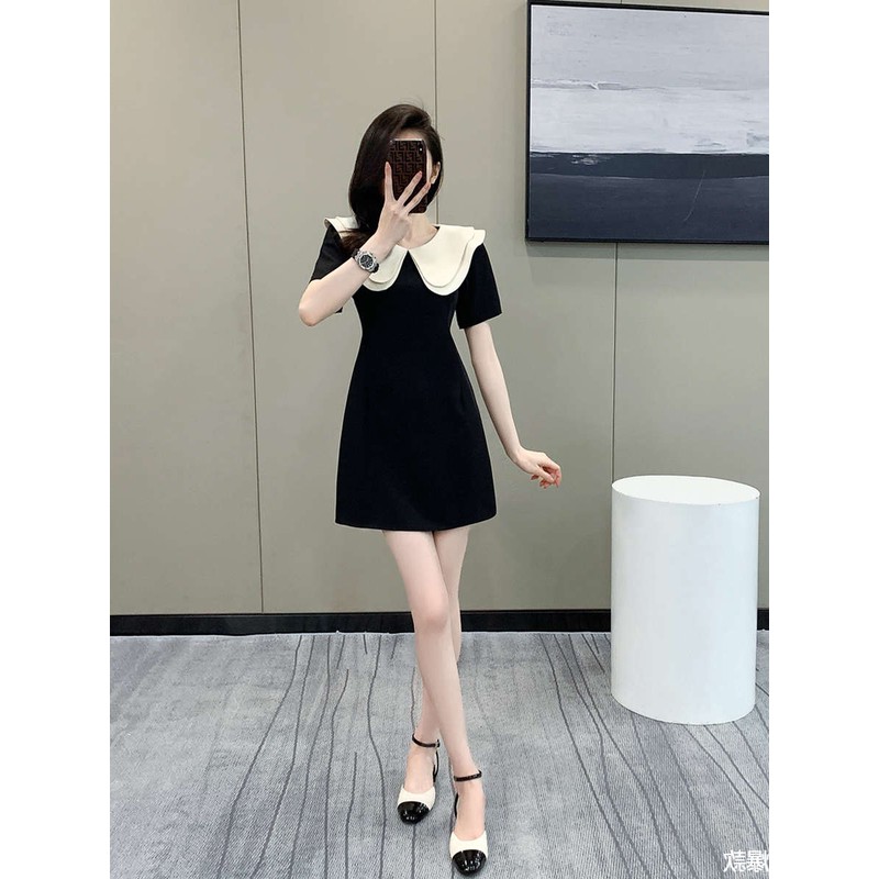 黑色短袖连衣裙女夏季小个子法式气质通勤收腰娃娃领高腰a字短裙