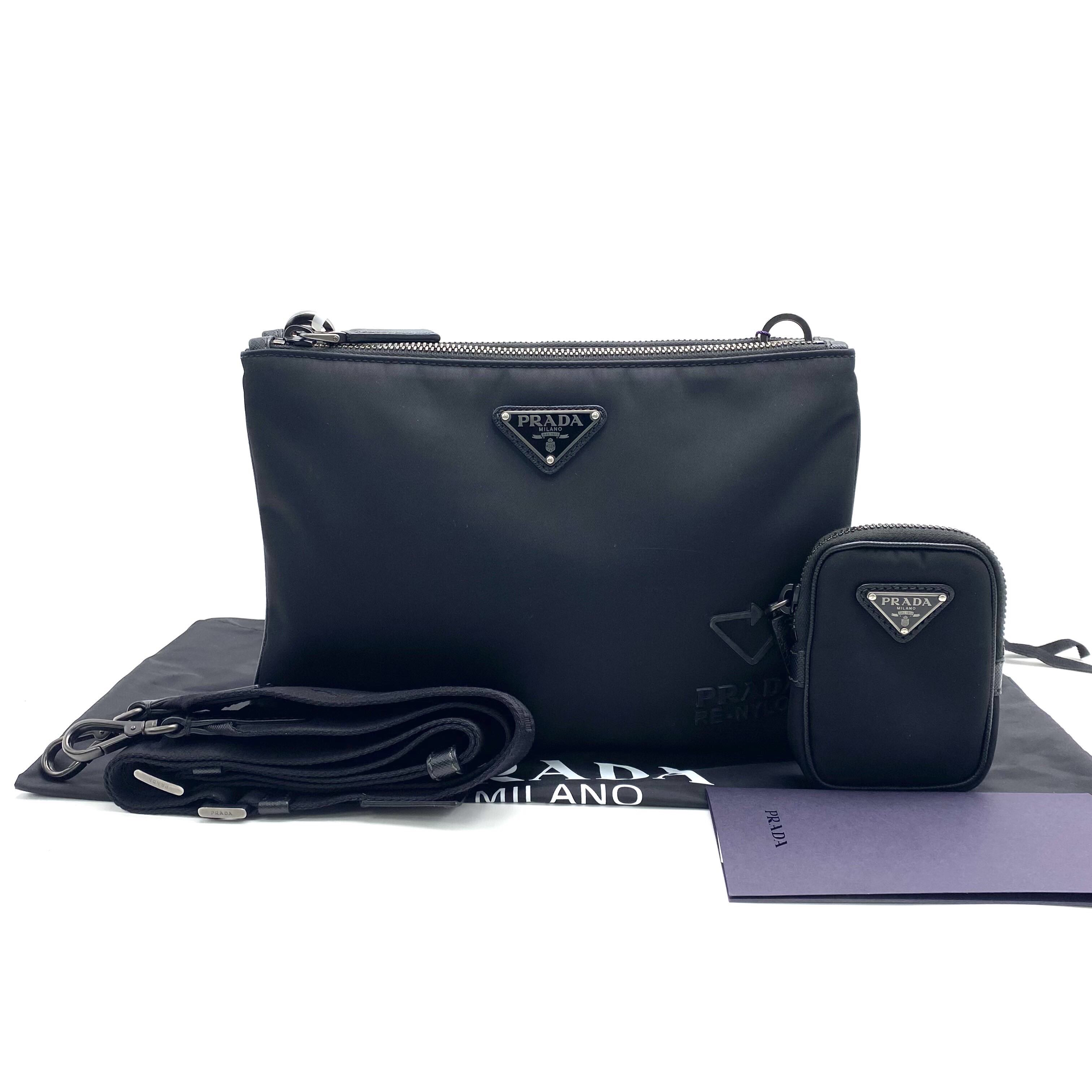 95新 Prada/普拉达 普拉达 黑色尼龙二合一斜挎包 尺寸27/18 