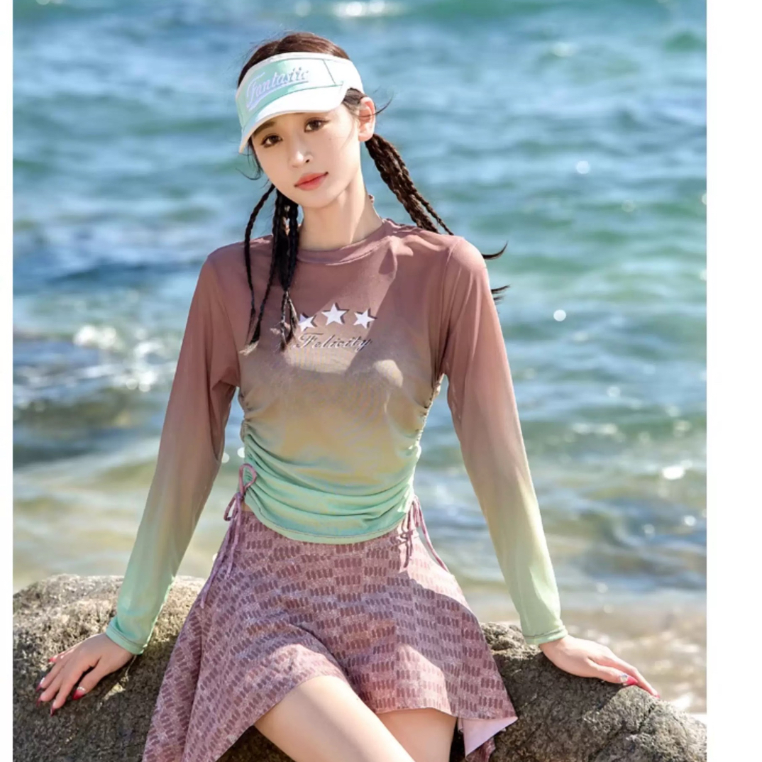女士长袖分体泳衣遮肉显瘦防晒海边泡温泉高级感大码泳装