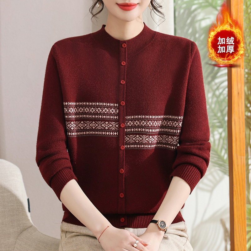 冬季加绒妈妈装洋气减龄针织宽松毛衣中老年加厚保暖百搭上衣时尚