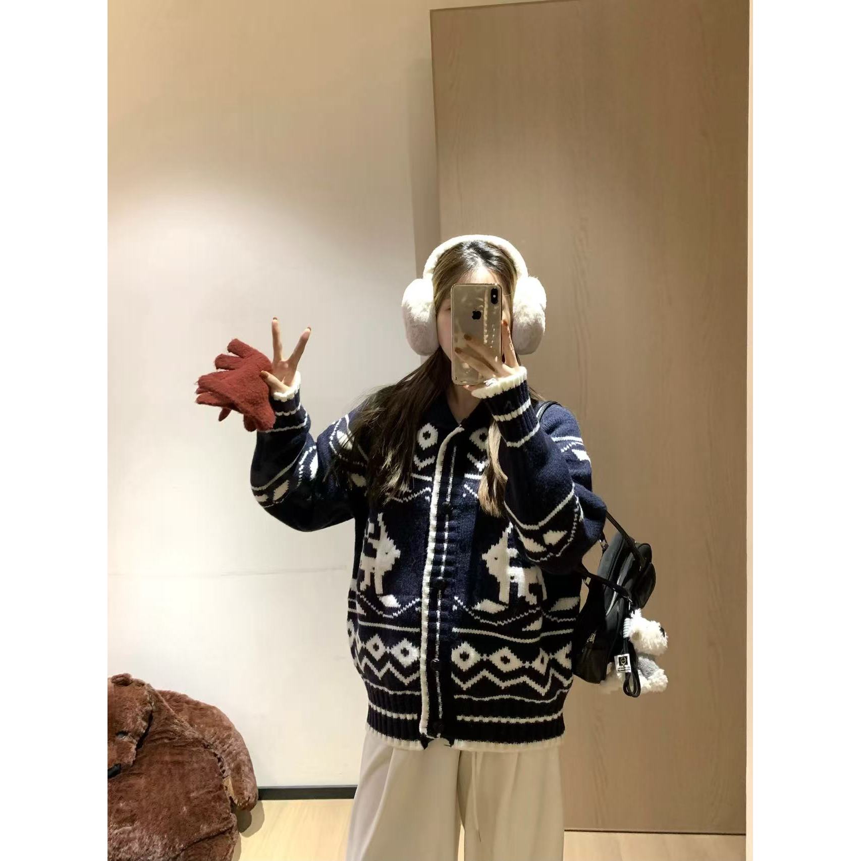 韩11慵懒风费尔岛麋鹿提花厚毛衣外套女冬季宽松百搭撞色针织开衫