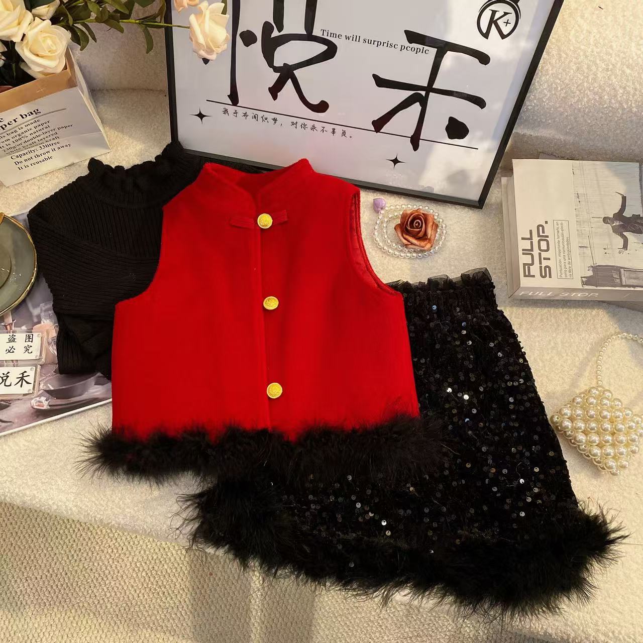 Y2【悦禾】冬装国风流苏感加绒短裙亮眼红色女童新中式马甲套装6364