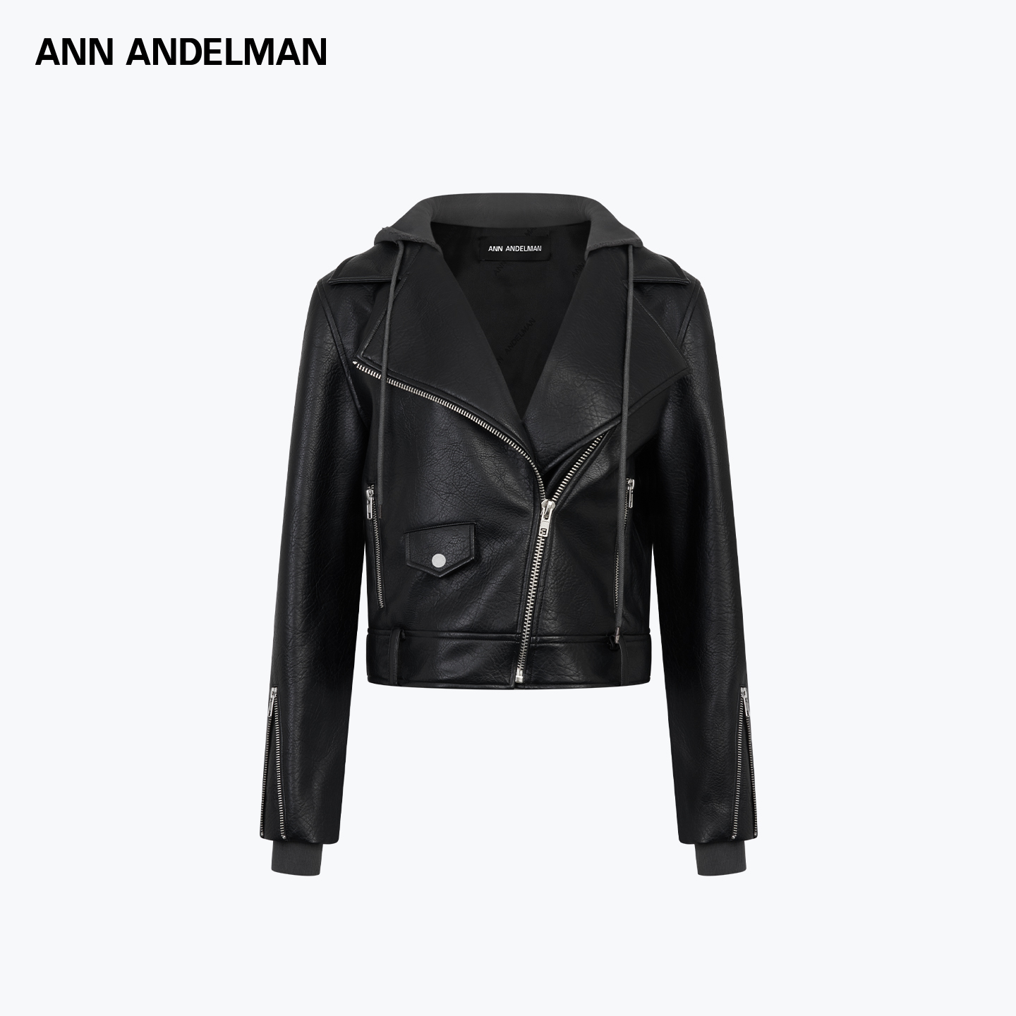 ANN ANDELMAN 25秋冬 时尚设计卫衣帽假两件机车皮衣