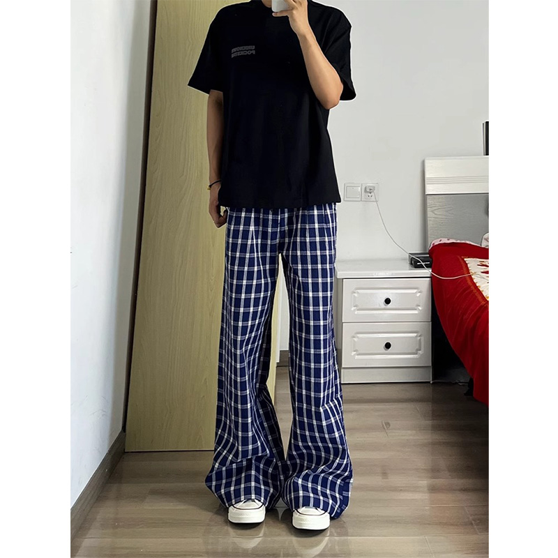 cleanfit蓝色格子裤子男夏季宽松慵懒风阔腿裤美式直筒休闲运动裤