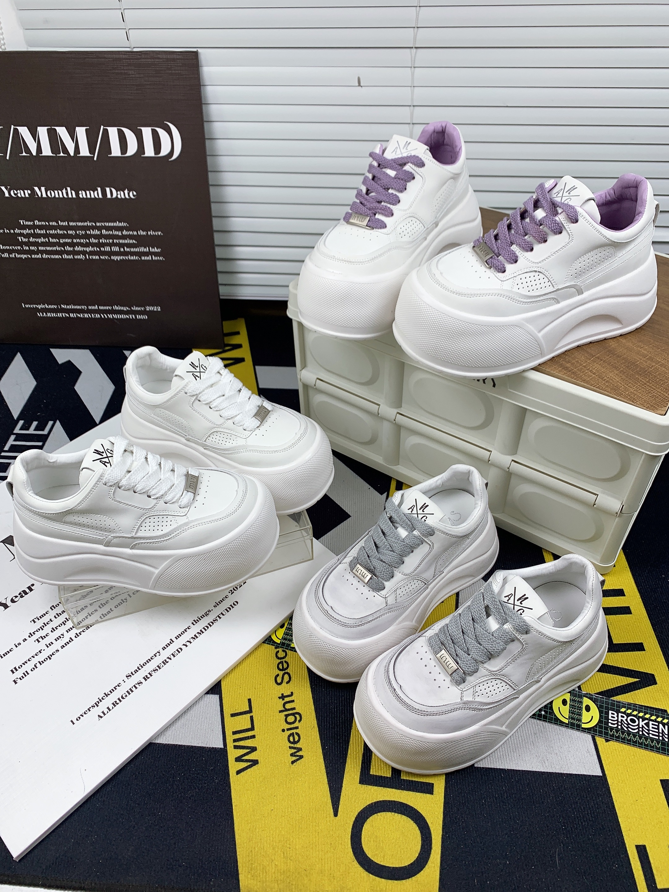 【左左家】真皮擦色做旧厚底大头面包鞋女2025款增高小白鞋休闲板鞋