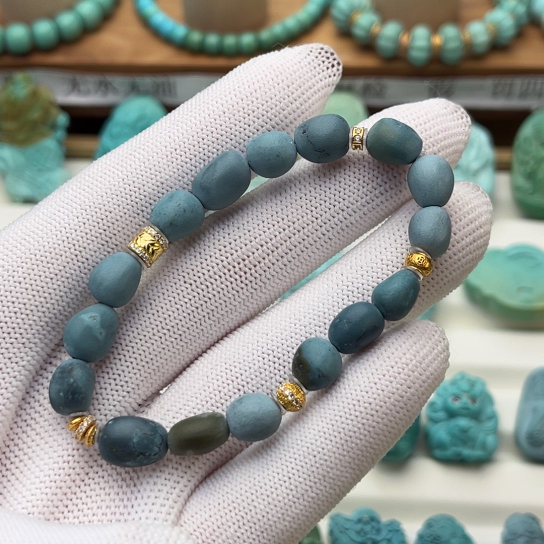 绿松石银S925镀金镶嵌珠宝奇石雾霾糖豆手串