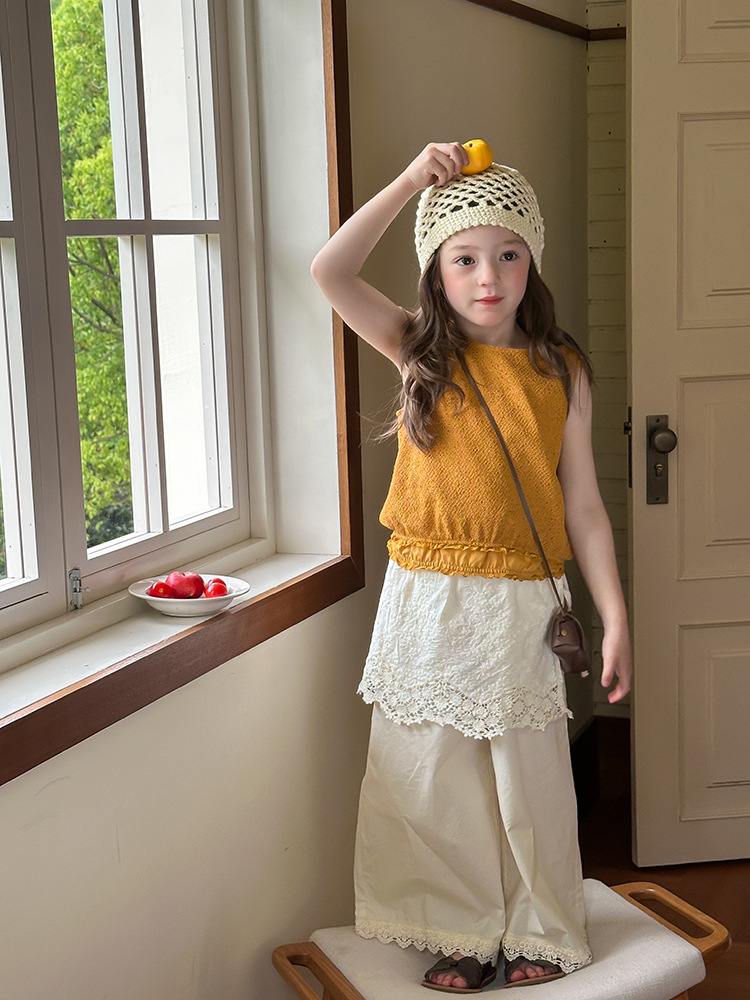 【现货已开价】韩范洋气无袖2025女童复古蕾丝花边拼接背心25C173