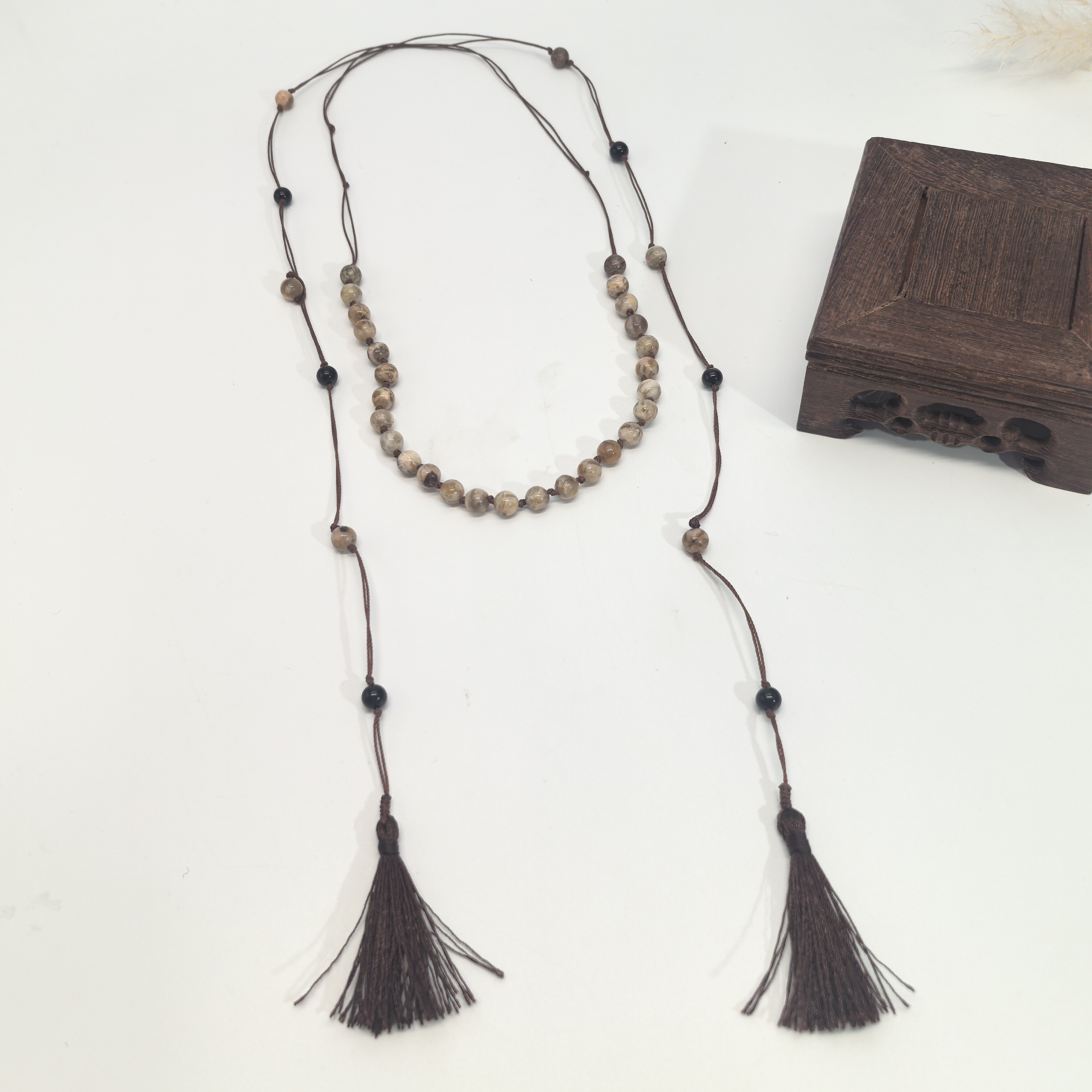 08161地图花纹长款流苏项链文艺复古风项链