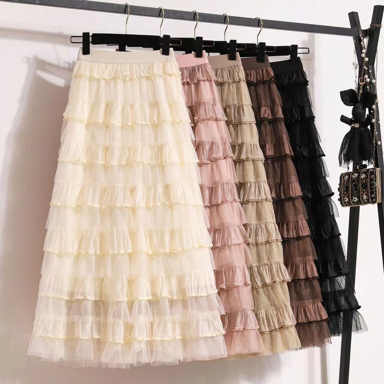 系带蛋糕裙高腰欧若风流光半身裙半身裙裙子百褶裙